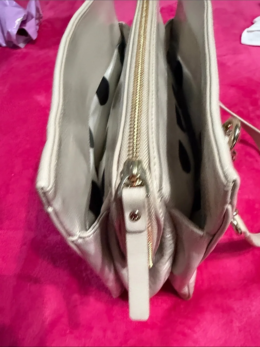 Patent Cream Shoulder Bag with Chain-Trim Straps